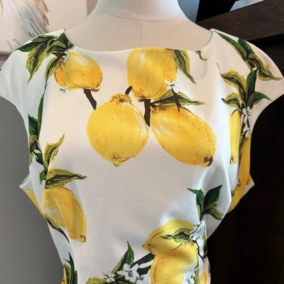Vintage Style Lemon-Print White Dress with Waist Tie - Picture 2 of 9